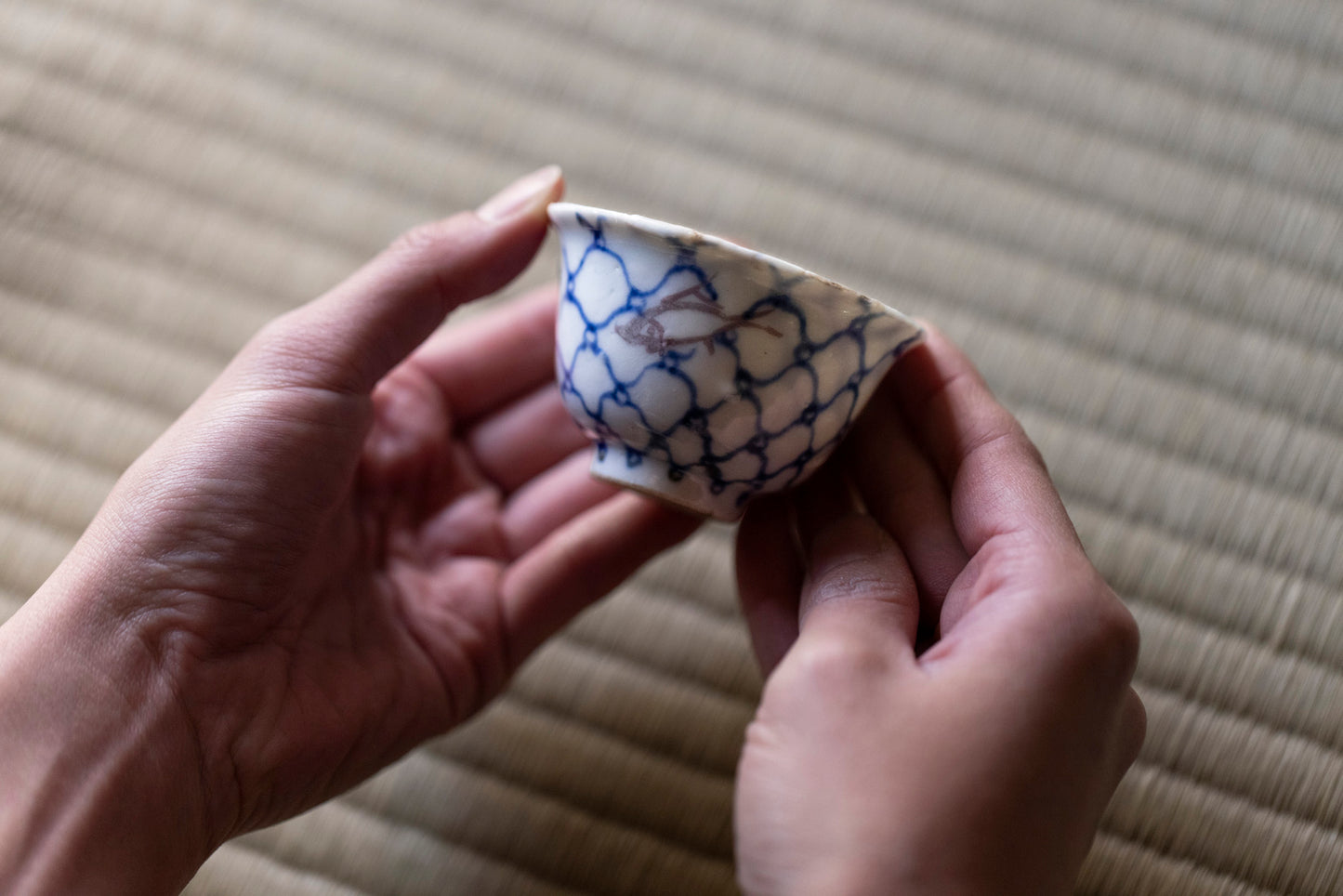 Kosometsuke Sake cup with Fishing net design